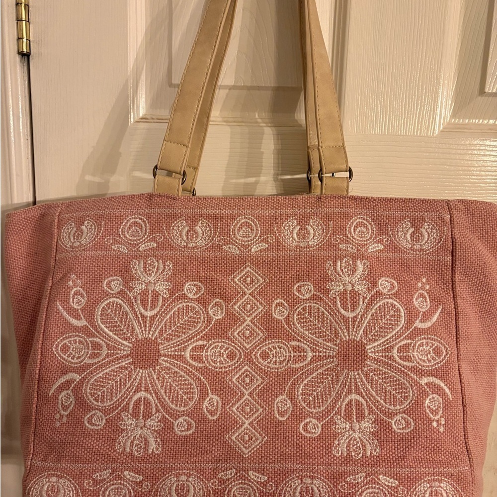 Pink and Tan Floral Embroidered Tote. Sunnsand brand.